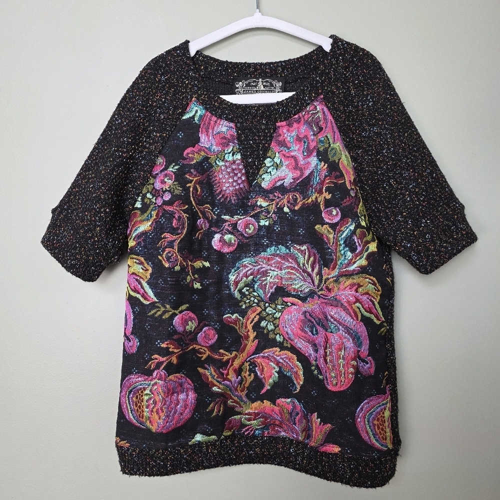 James Coviello Anthro Floral Brocade Metallic Knit Short-Sleeve Sweater Top XS - Picture 5 of 11